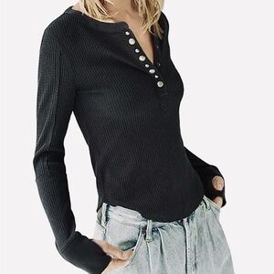 We The Free Black Ribbed Henley Long Sleeve Top with Snap Placket